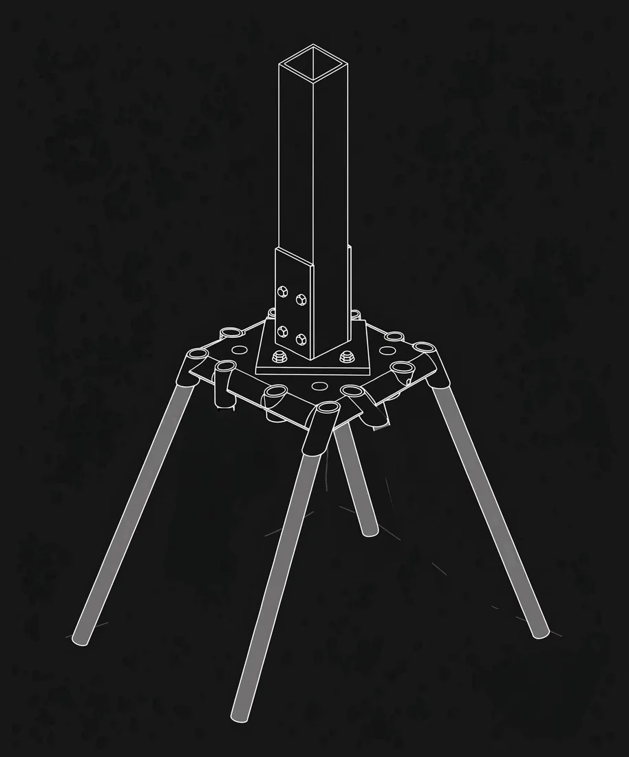 EZ Foundation pile-cap anchor — a steel column bolted to a cap plate with four steel piles driven down and outward.