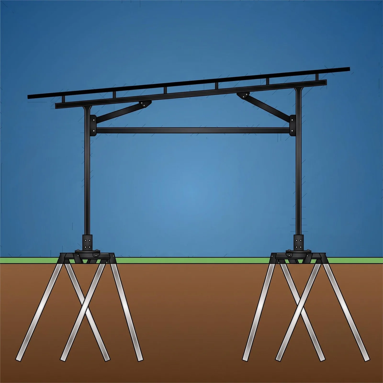 Cross-section: a steel carport frame carried on two EZ Foundation anchors, each with four piles driven at opposing angles below grade.